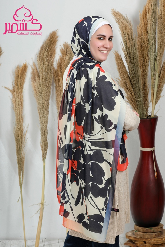  Beige scarf with black and orange flowers