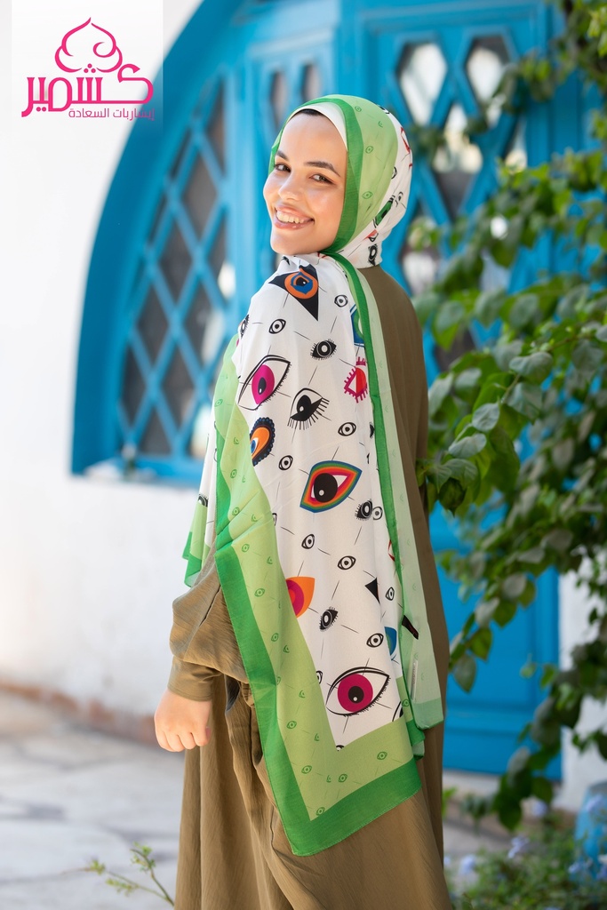  Scarf with eye illustrations, white background, and green borders