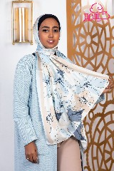 Satin scarf with light blue and beige flowers 