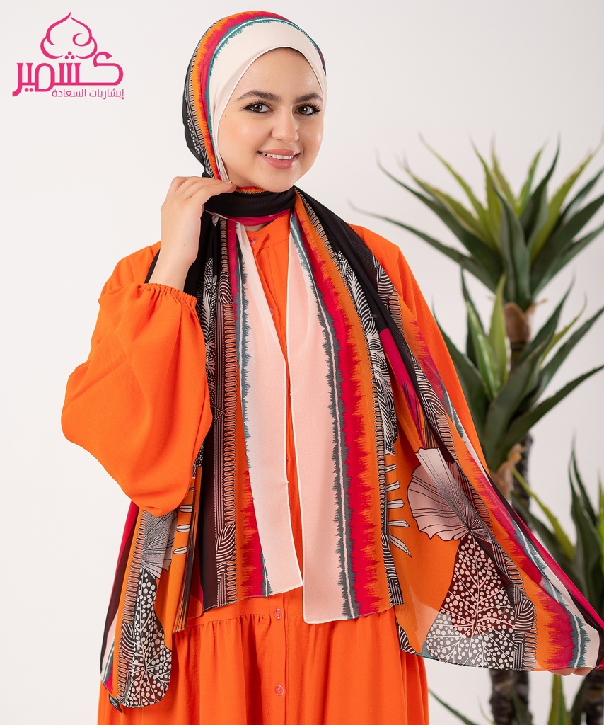 Orange and black printed scarf with a beige border