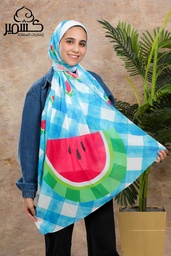 Scarf with a watermelon drawing on a white and light blue background