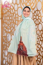 [ايشارب مستطيل عريض مطبوع - Print(2)(s8)] Light apple green scarf with a drawing of a red oud instrument