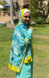 [ايشارب مستطيل عريض مطبوع - Print(5)(s16)] Patterned scarf in turquoise with yellow borders
