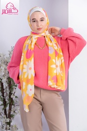 [ايشارب مستطيل عريض مطبوع - Print(7)(s6)] Scarf with white and fuchsia flower illustrations on orange background