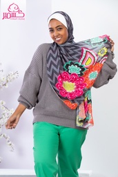 [ايشارب مستطيل عريض مطبوع - Print(7)(s7)]  Scarf with colorful flower illustrations on background gray