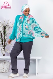 [ايشارب مستطيل عريض مطبوع - Print(7)(s20)] Scarf with gray and pink flowers on a turquoise background