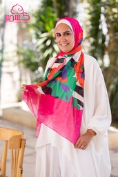 [ايشارب مستطيل عريض مطبوع - Print(6)(s30)] Printed scarf in fuchsia, green, black, white, and orange colors