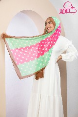 [ايشارب مستطيل عريض مطبوع - Print(8)(S4)] Striped scarf in fuchsia and green, filled with white dots, with brown borders