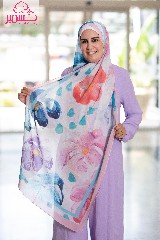 [ايشارب مستطيل عريض مطبوع - Print(9)(s7)] Scarf with lavender and blue floral pattern with pink borders