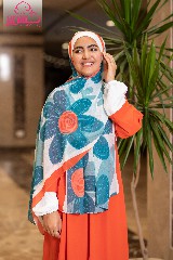 [ايشارب مستطيل عريض مطبوع - Print(9)(s10)] Scarf with dark turquoise flower and orange border