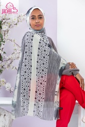 [ايشارب مستطيل عريض مطبوع - Print(8)(S13)] Striped scarf in black, light apple green, gray, and off-white colors