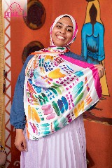 [ايشارب مستطيل عريض مطبوع - Print(1)(s8)]  Satin scarf printed with multiple colors, with fuchsia and orange borders