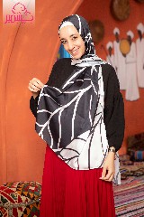 [ايشارب مستطيل عريض مطبوع - Print(1)(s22)] Satin scarf printed with white tree leaf pattern on black