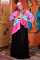[ايشارب مستطيل عريض مطبوع - Print(1)(s23)] Satin scarf printed with fuchsia, orange, and turquoise colors