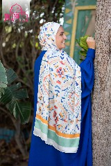 [ايشارب مستطيل عريض مطبوع - Print(1)(s24)] Satin scarf printed with orange and blue colors on a white background