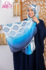 [ايشارب مستطيل عريض مطبوع - Print(1)(s33)] Gradient satin scarf blue , light blue and white with pattern