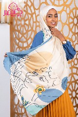 [ايشارب مستطيل عريض مطبوع - Print(2)(s9)] Beige and Indigo Satin Scarf