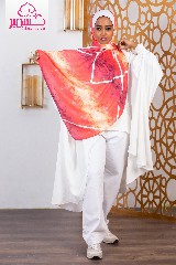 [ايشارب مستطيل عريض مطبوع - Print(2)(s11)] Satin marble scarf in red, with orange and white line 