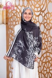 [ايشارب مستطيل عريض مطبوع - Print(1)(s44)]  Satin scarf with a black background and white illustrations