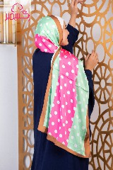 [ايشارب مستطيل عريض مطبوع - Print(2)(s23)]  Satin scarf striped with fuchsia and apple green, with a light brown border