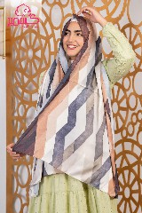 [ايشارب مستطيل عريض مطبوع - Print(2)(s25)] Satin scarf striped in gray, beige, and brown colors
