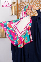 [ايشارب مستطيل عريض مطبوع - Print(2)(s27)]  Satin scarf with a floral pattern in fuchsia, green, and orange