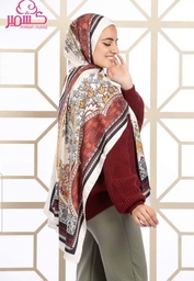 [ايشارب مستطيل عريض مطبوع - Print(1)(s5)] Turkish satin scarf in shades of brick red and orange, with an off-white background