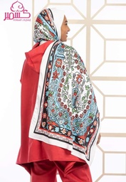 [ايشارب مستطيل عريض مطبوع - Print(1)(s8)] Turkish satin scarf with a white background and turquoise design