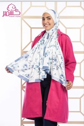 [ايشارب مستطيل عريض مطبوع - Print(1)(s9)]  Turkish satin scarf with light blue rose design on a white background