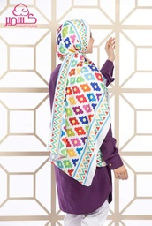 [ايشارب مستطيل عريض مطبوع - Print(1)(s11)] Turkish satin scarf, multi-colored with a white background