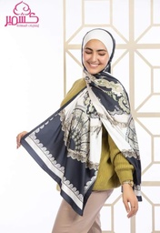 [ايشارب مستطيل عريض مطبوع - Print(1)(s15)] Turkish satin scarf with beige, black, and white colors