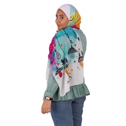 [ايشارب مستطيل كنز مطبوع- Print(1)(s3)] Small sized white scarf with Ramadan atmosphere