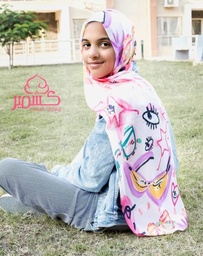 [ايشارب مستطيل كنز مطبوع- Print(1)(s5)]  Small sized scarf with pink and mauve fish design