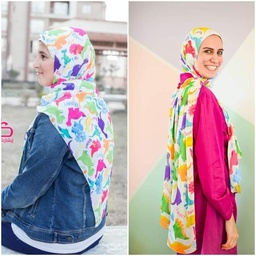 [ايشارب مستطيل كنز مطبوع- Print(1)(s18)] Small sized white scarf with colorful dinosaurs
