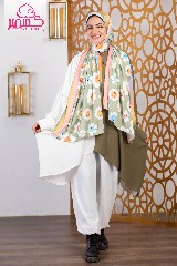 [ايشارب مستطيل عريض مطبوع - Print(2)(s32)] Satin scarf in olive green with flower pattern and orange border