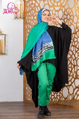 [ايشارب مستطيل عريض مطبوع - Print(2)(s37)] Satin scarf in green and blue colors with white and black stripes.