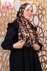 [ايشارب مستطيل عريض مطبوع - Print(2)(s40)]  Satin scarf with tiger pattern in gold and brown colors
