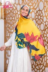 [ايشارب مستطيل عريض مطبوع - Print(2)(s49)] Satin scarf with red flower pattern, green branches, and mustard background