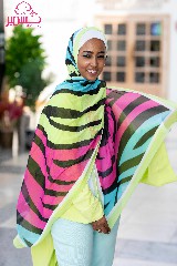 [ايشارب مستطيل عريض مطبوع - Print(9)(s19)] Striped scarf with black, fuchsia, apple green, and turquoise colors