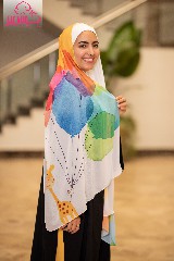 [ايشارب مستطيل عريض مطبوع - Print(9)(s21)] Orange scarf with a giraffe and colorful balloons 