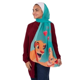 [ايشارب مستطيل كنز مطبوع- Print(1)(s35)] Small sized scarf with Simba in turquoise and a red heart