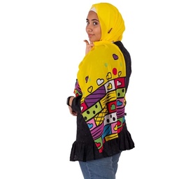 [ايشارب مستطيل كنز مطبوع- Print(1)(s30)] Small sized yellow scarf with colorful drawings