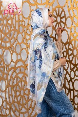 [ايشارب مستطيل عريض مطبوع - Print(2)(s55)] Light blue leaf pattern satin scarf with a cafe colored border