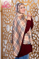 [ايشارب مستطيل عريض مطبوع - Print(1)(s38)] Satin scarf with beige, black, red, and white checkered pattern