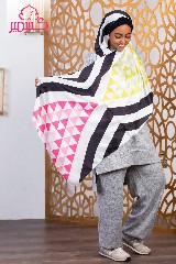 [ايشارب مستطيل عريض مطبوع - Print(1)(s40)] Satin scarf in fuchsia and lemon yellow with background striped in black and white