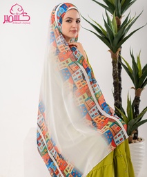 [ايشارب مستطيل عريض مطبوع - Print(11)(s10)] White scarf with a house patterned border