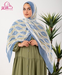 [ايشارب مستطيل عريض مطبوع - Print(11)(s29)] Scarf with a beige background and a leafy tree pattern in light blue 