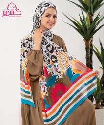 [ايشارب مستطيل عريض مطبوع - Print(11)(s32)] Floral scarf with a black and white patterned background