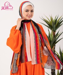 [ايشارب مستطيل عريض مطبوع - Print(11)(s37)] Orange and black printed scarf with a beige border