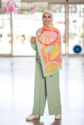 [ايشارب مستطيل عريض مطبوع - Print(12)(s23)] Scarf with an orange illustration and a mint green border